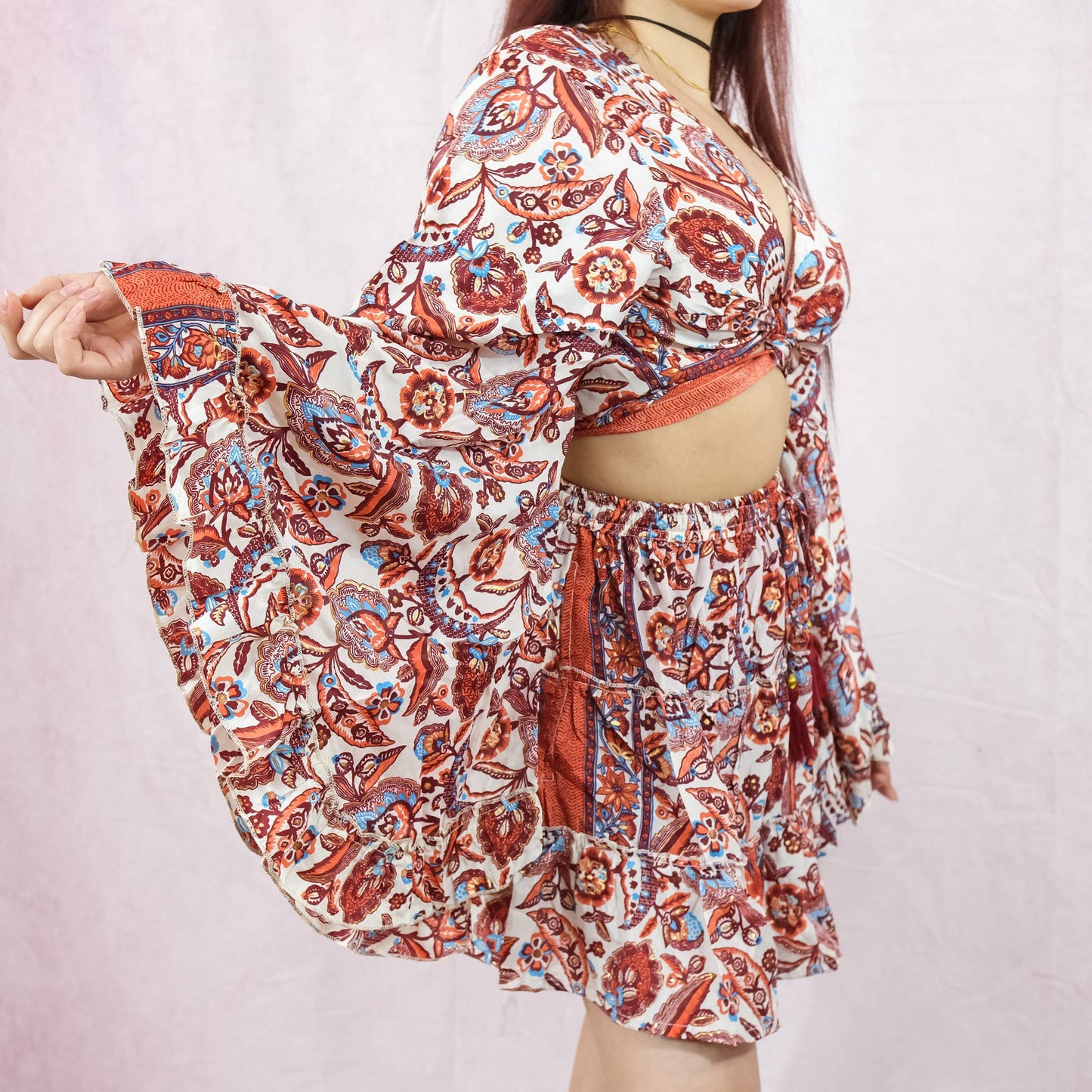 Flowy Boho Mini Skort + Top with Ruffle Sleeve Set