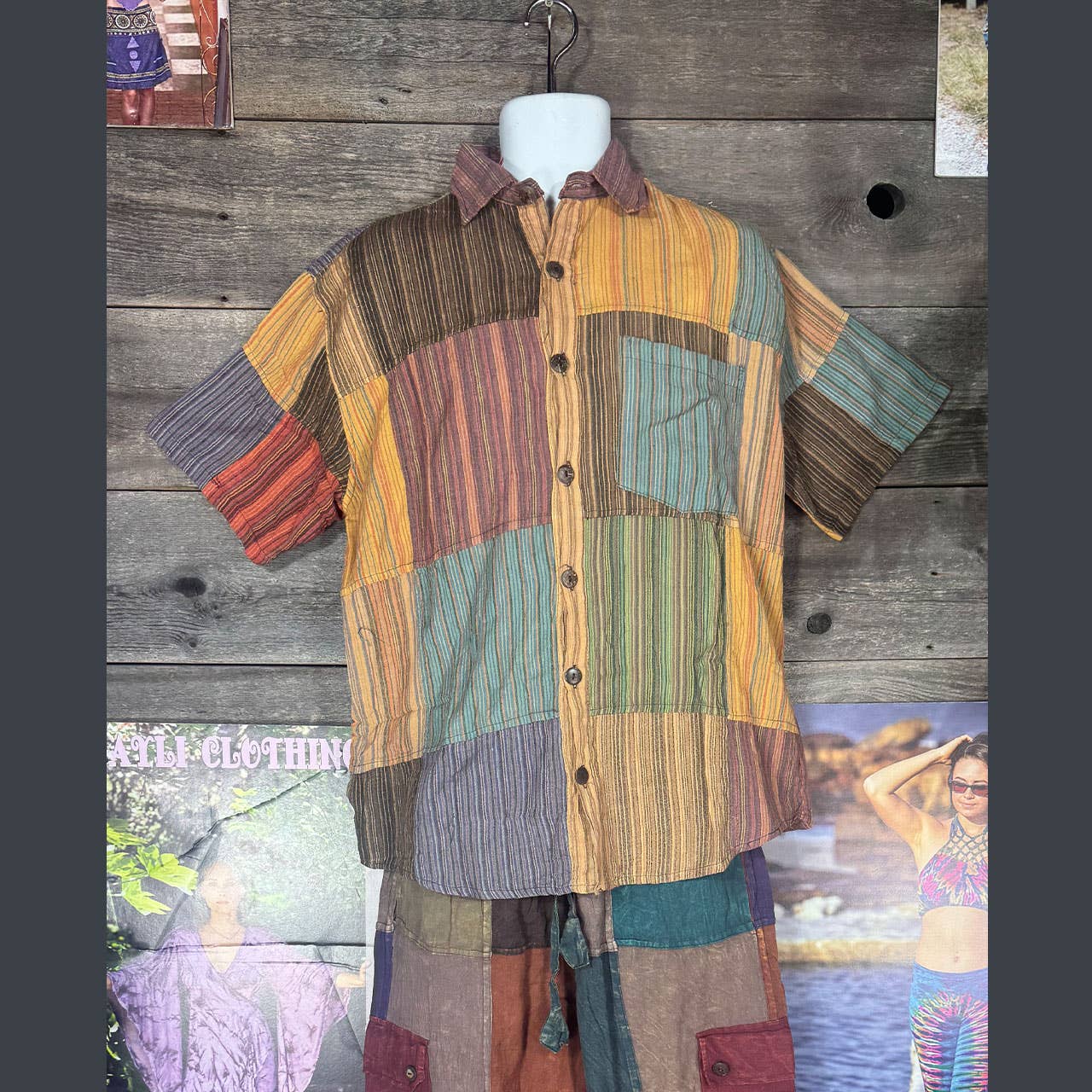 Nepali Striped Patchwork Over Dyed Cotton Button-Up Shirt