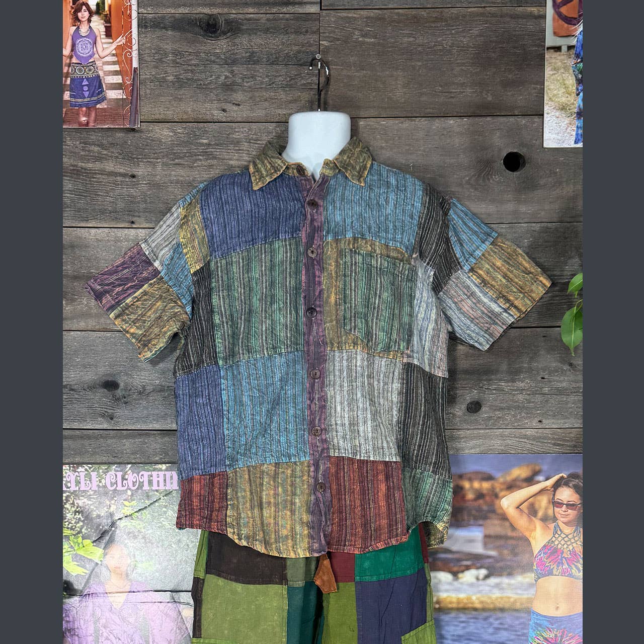 Nepali Striped Patchwork Over Dyed Cotton Button-Up Shirt
