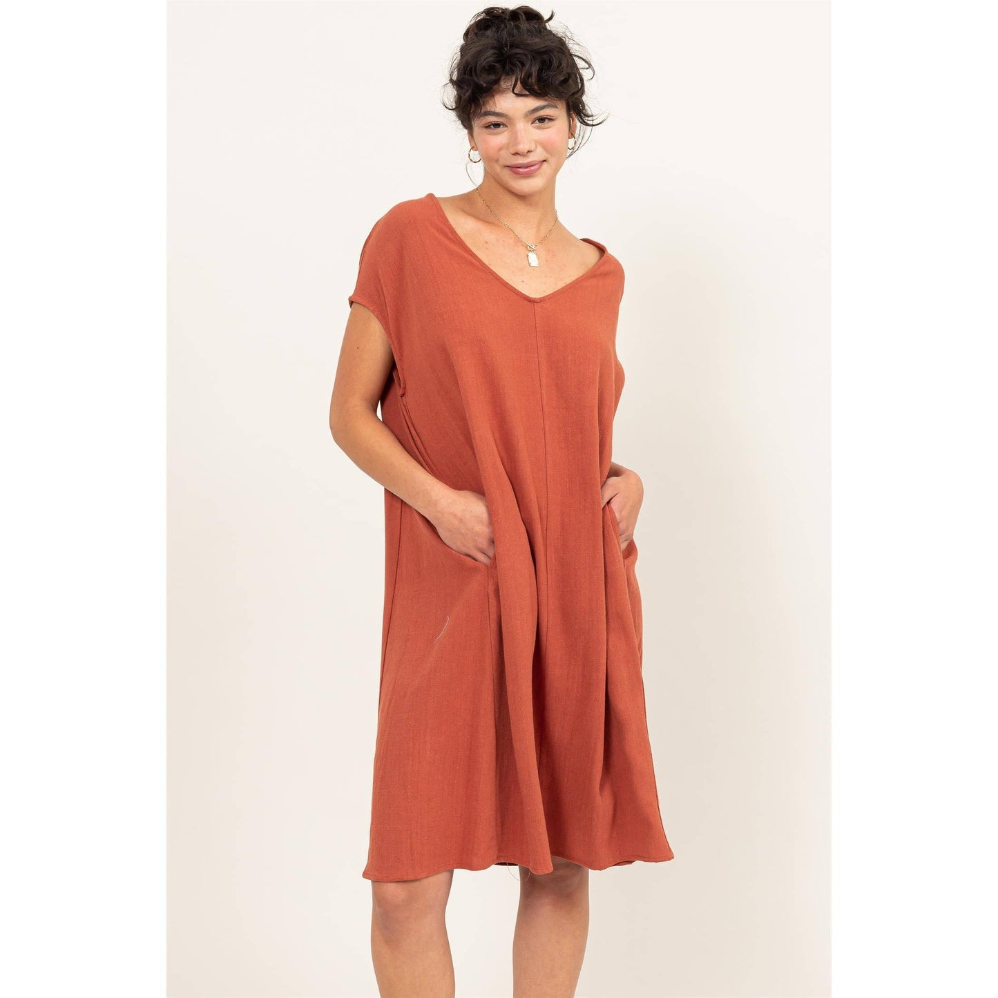 V-Neck Oversized Linen Midi Dress