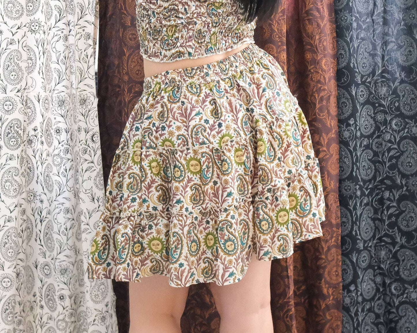 Boho Celestial Paisley Mini Skirt with Pockets