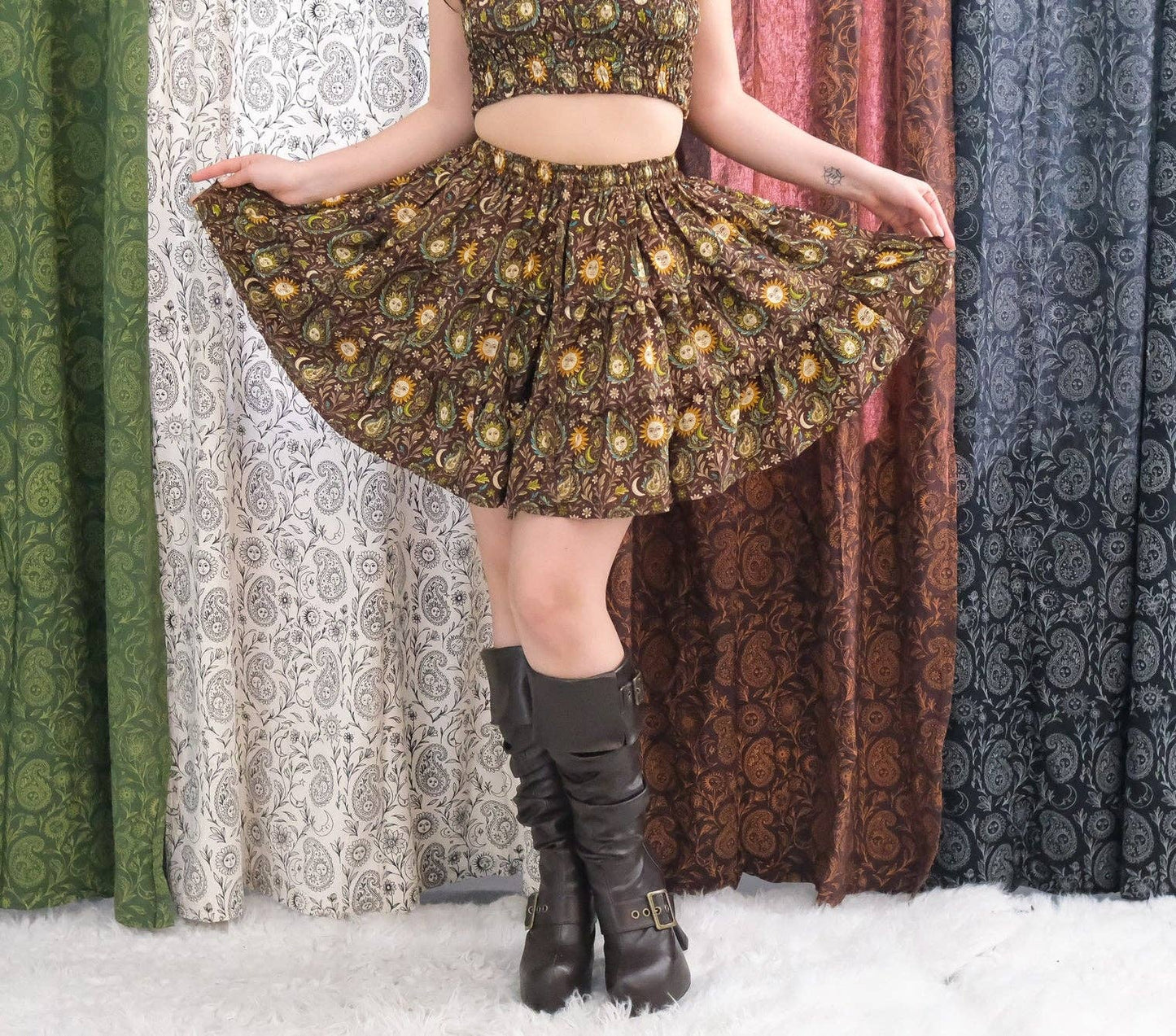 Boho Celestial Paisley Mini Skirt with Pockets