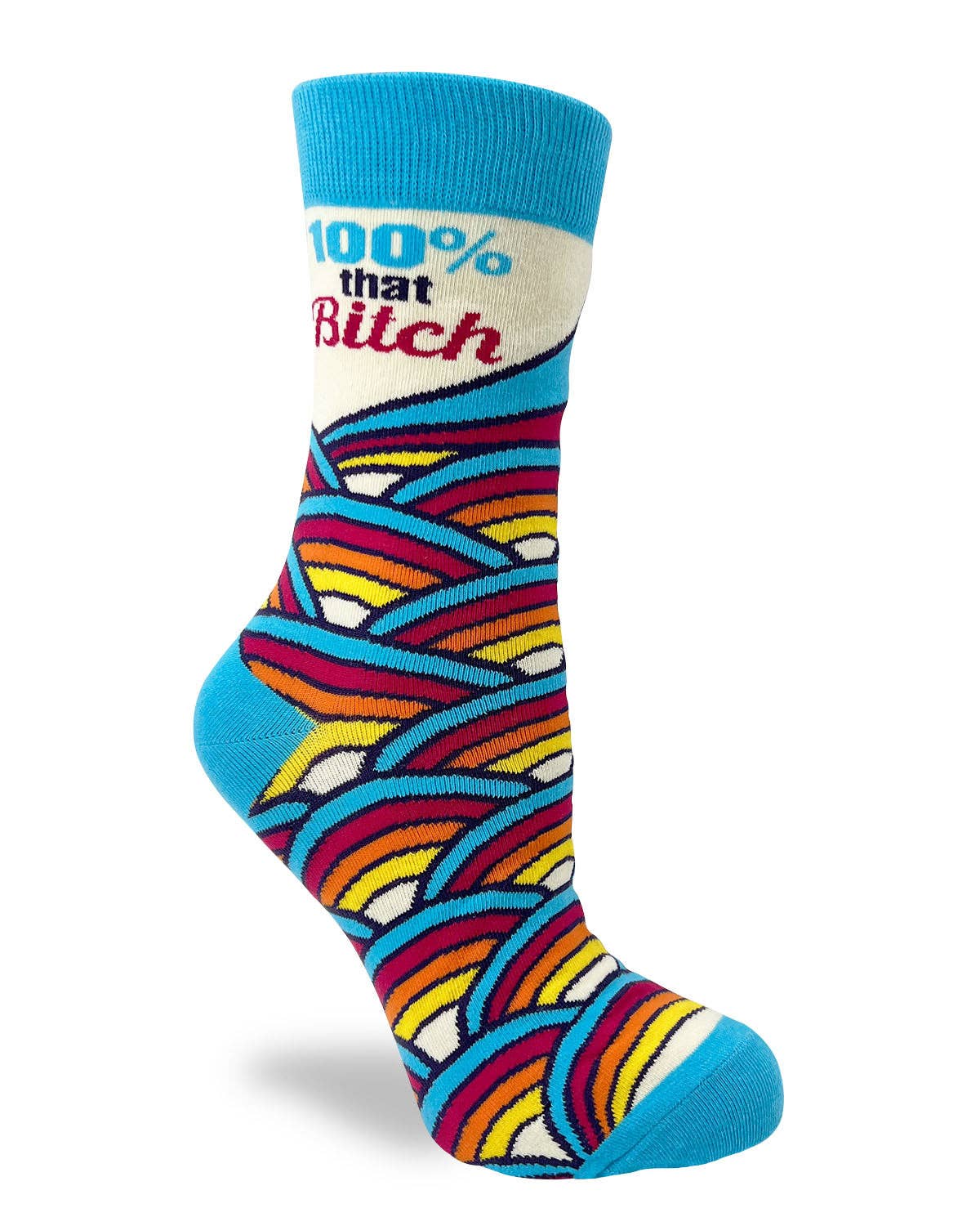 Colorful sock with text on a white background