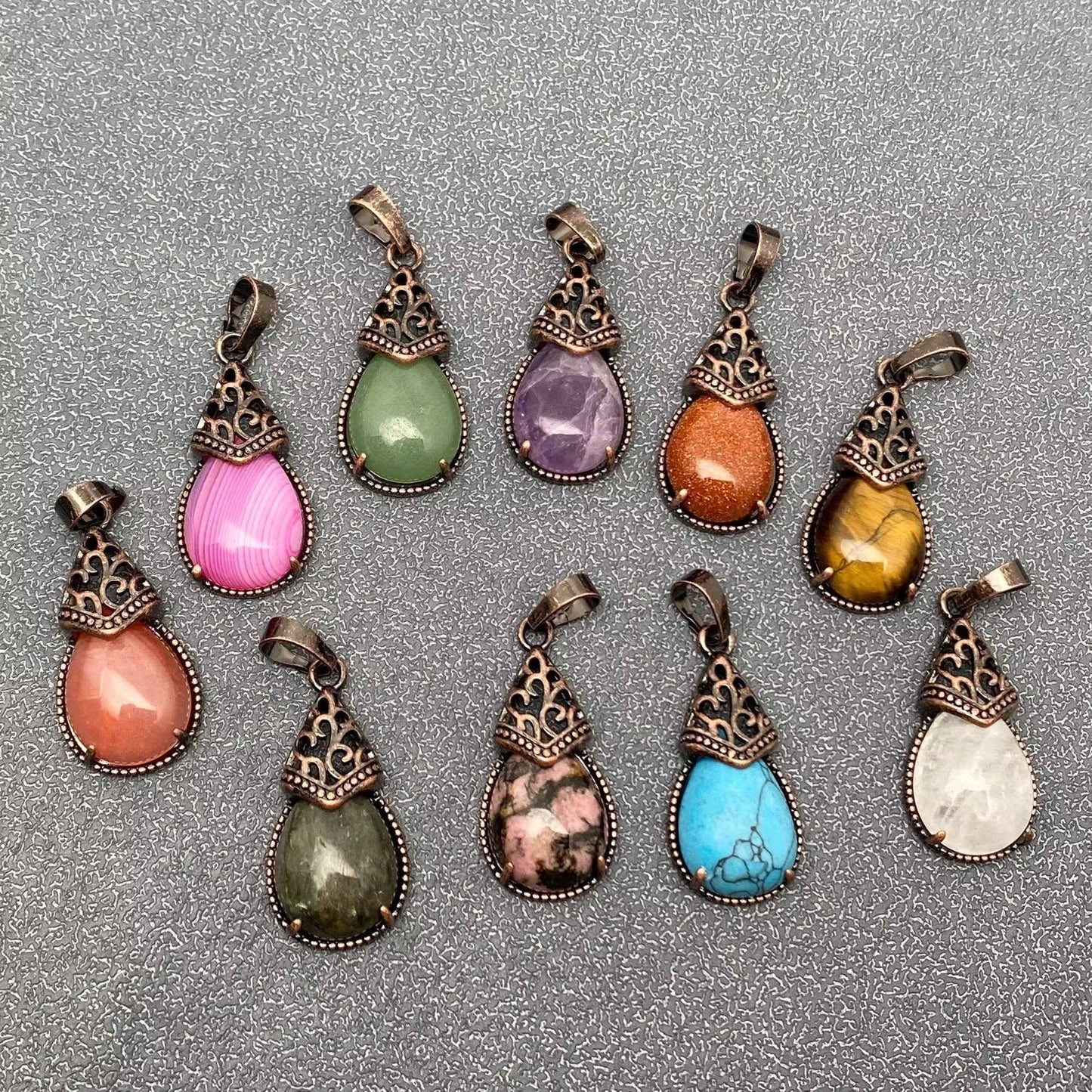 Drop-shaped Natural Stone Bronze Charms (Single Pendant) -CS