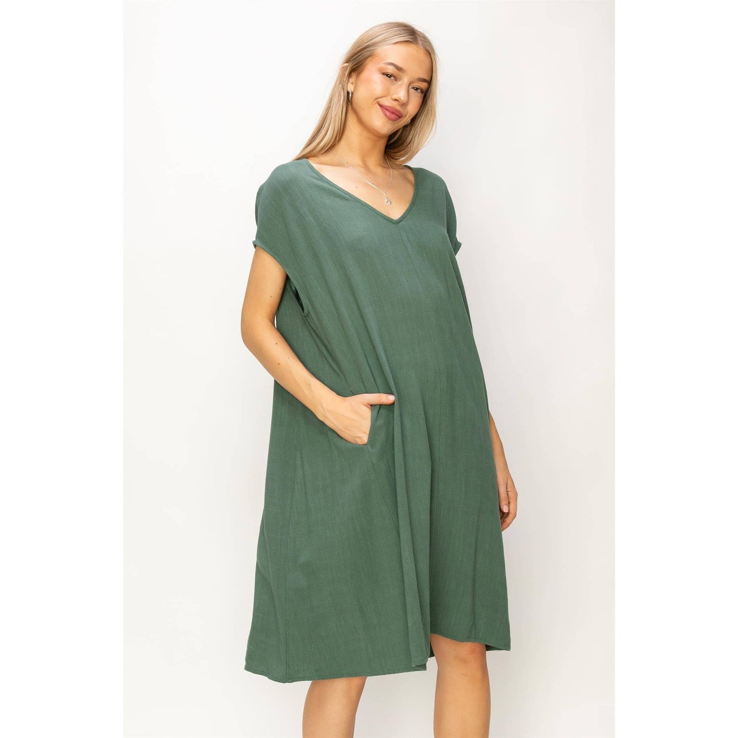 V-Neck Oversized Linen Midi Dress
