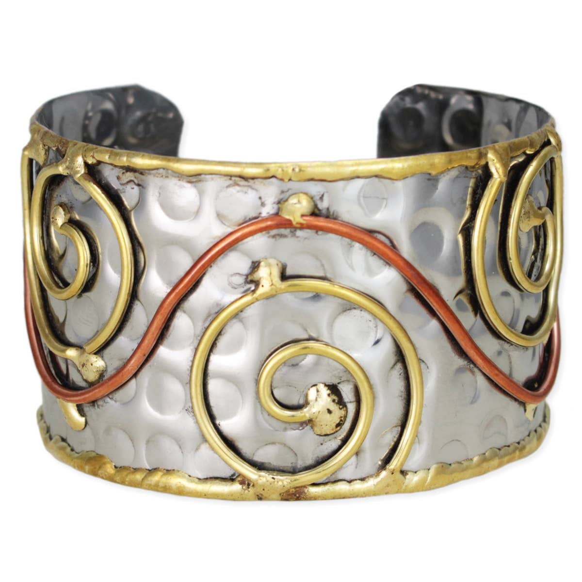 Wire Spirals Silver Hammered Cuff Bracelet