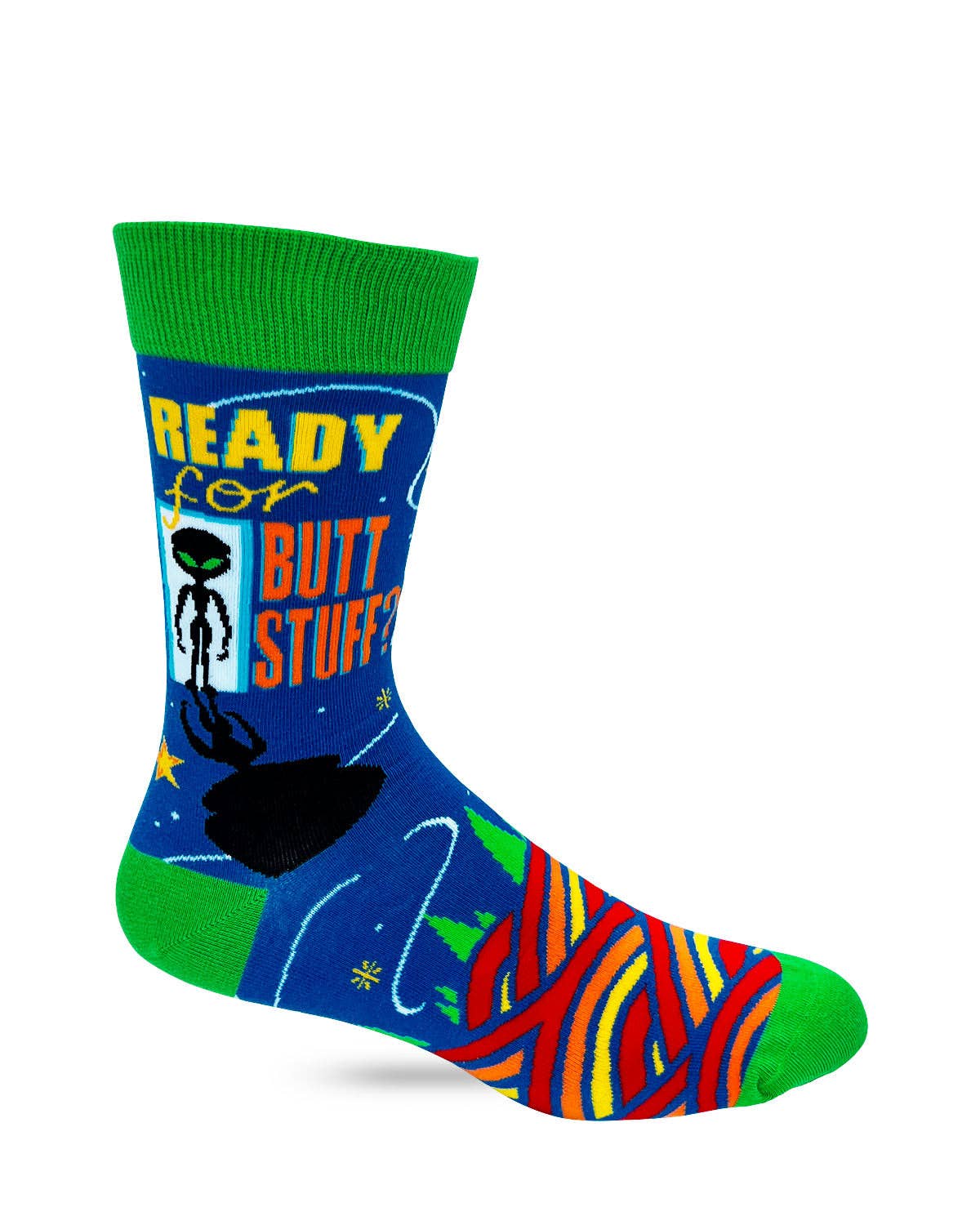 Colorful sock with alien design and text on a white background