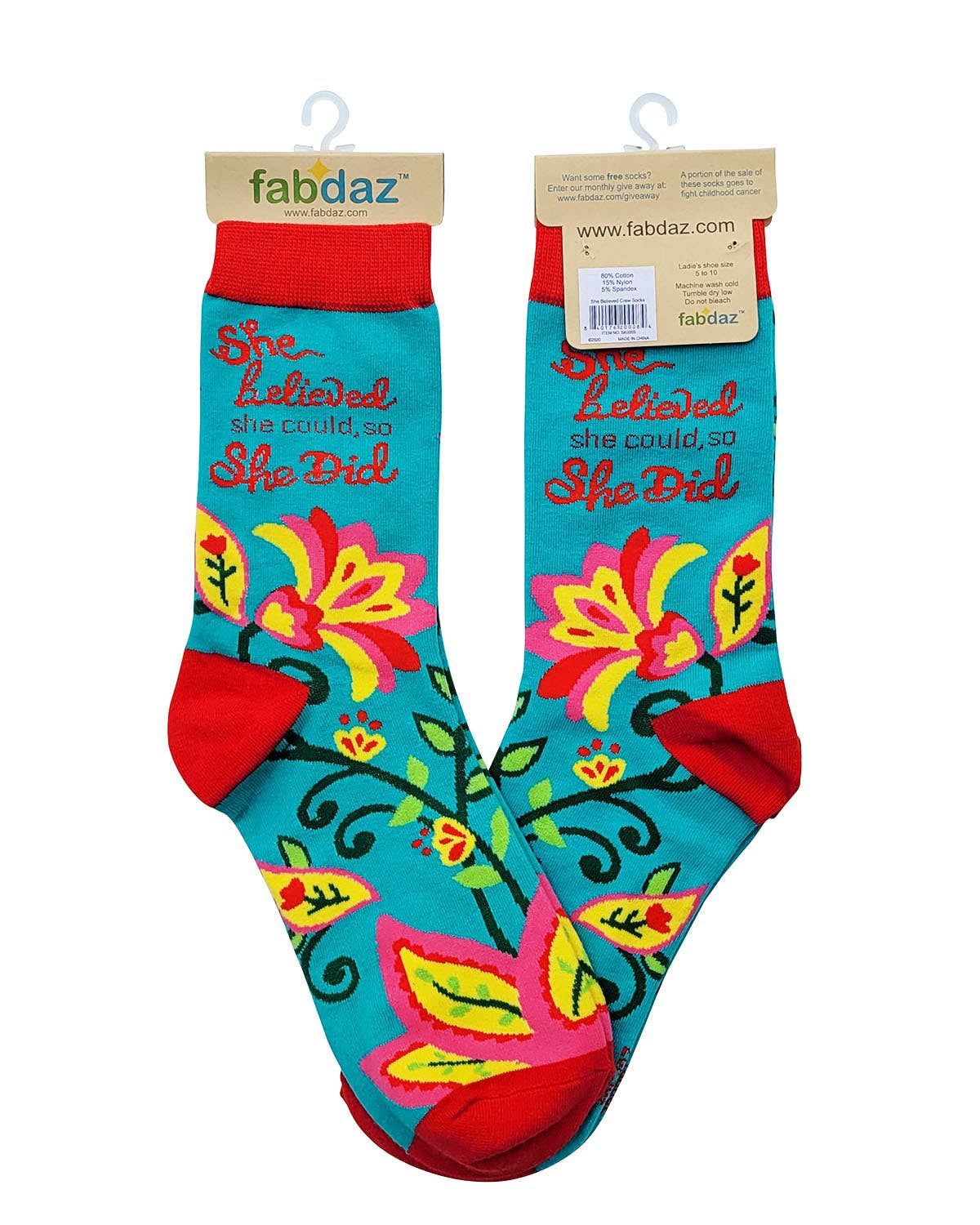 Colorful socks with floral design and text on a white background