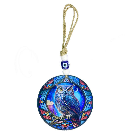 (PC)GLASS PRINTED HANGING - OWL 4.75"DIA.