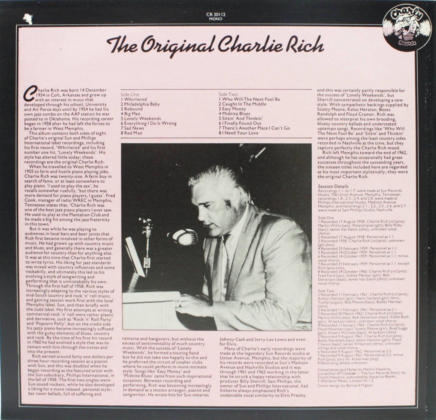 12" Vinyl LP Record- Charlie Rich Original Country Jazz Rock
