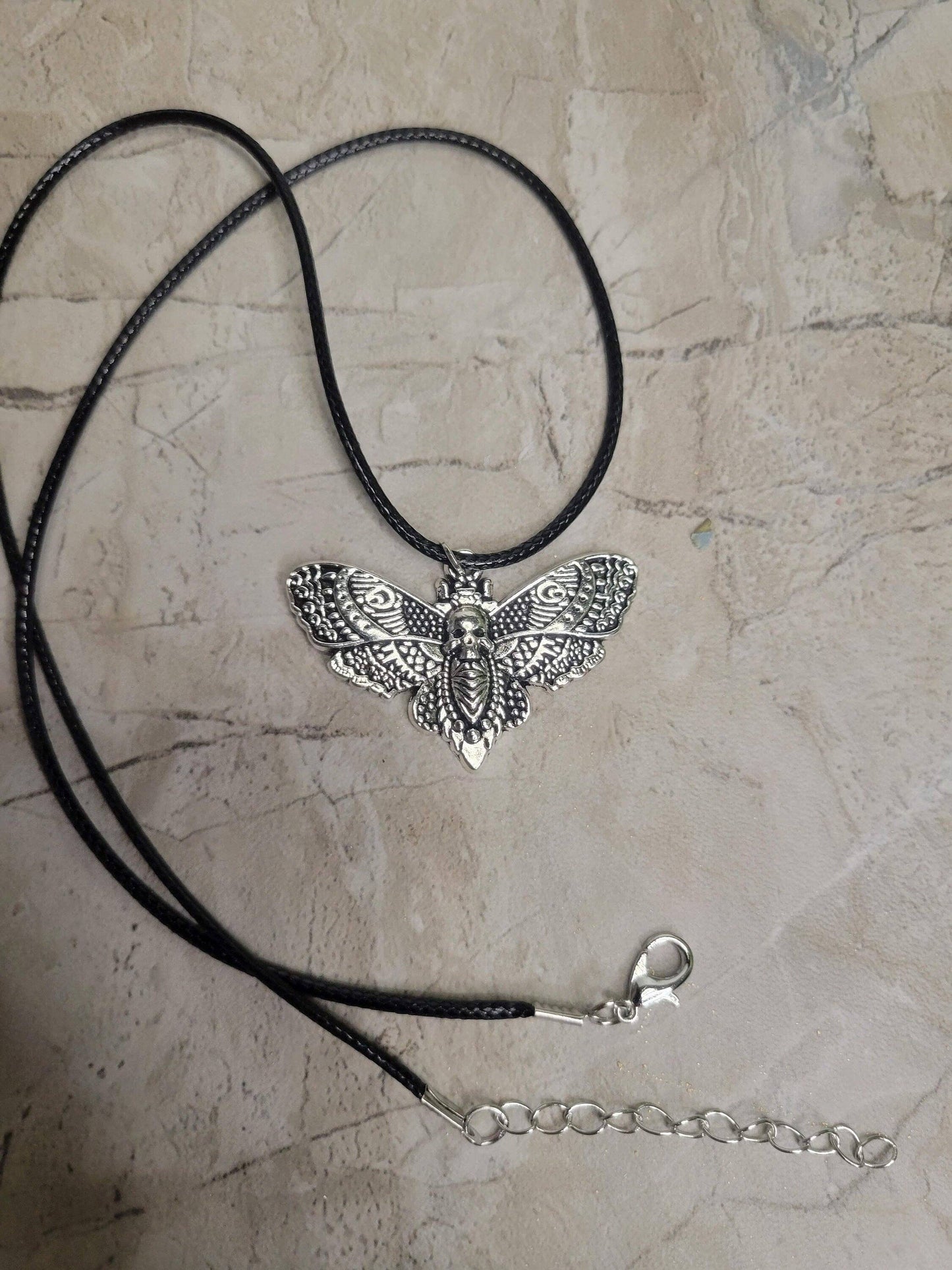 Skull Moth Pendant Necklace, Gothic Jewelry, Antique Silver,