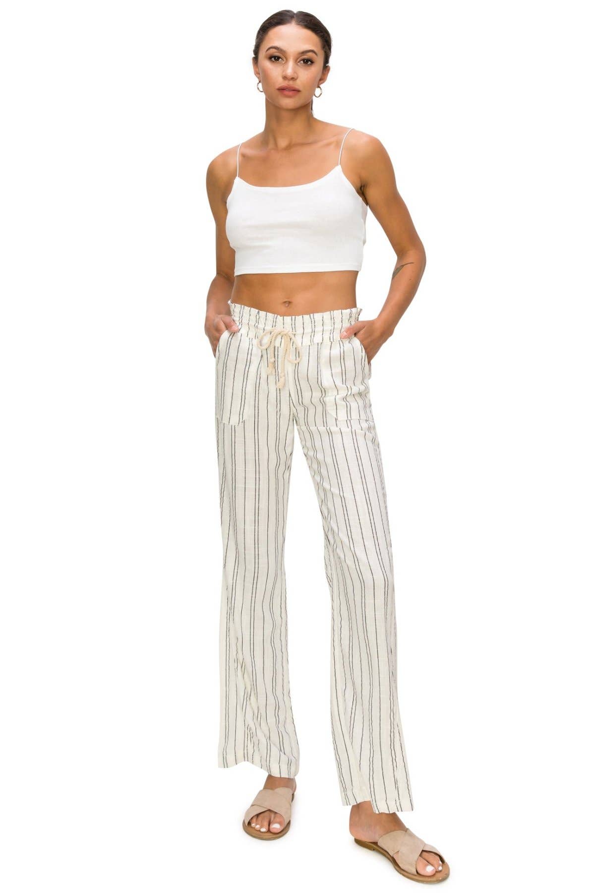 CALI1850 PINSTRIPE LINEN WIDE LEG SMOCKED PANTS 07024JLN416