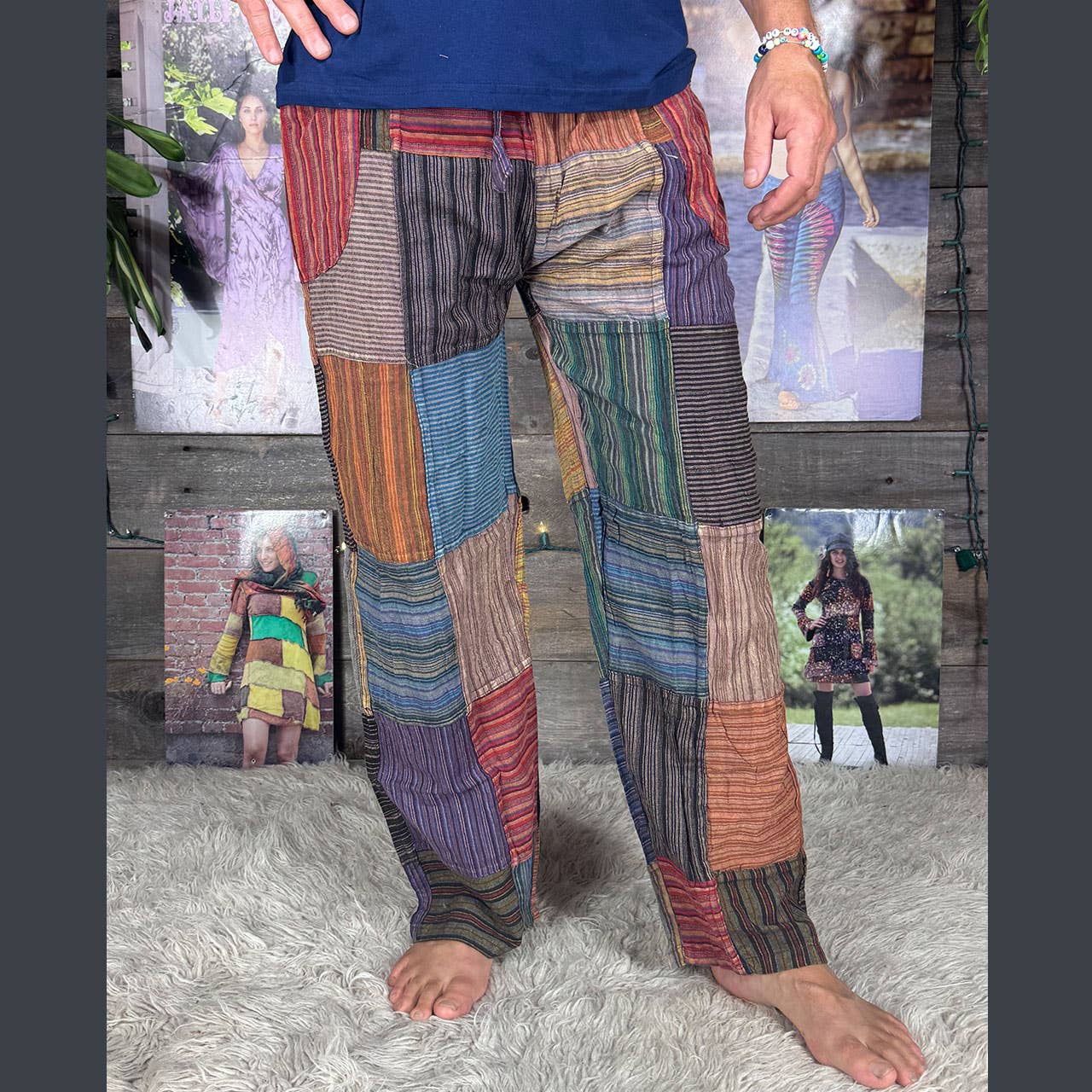 Striped Patchwork Zipper Pocket Pants Elastic Waist Hippie