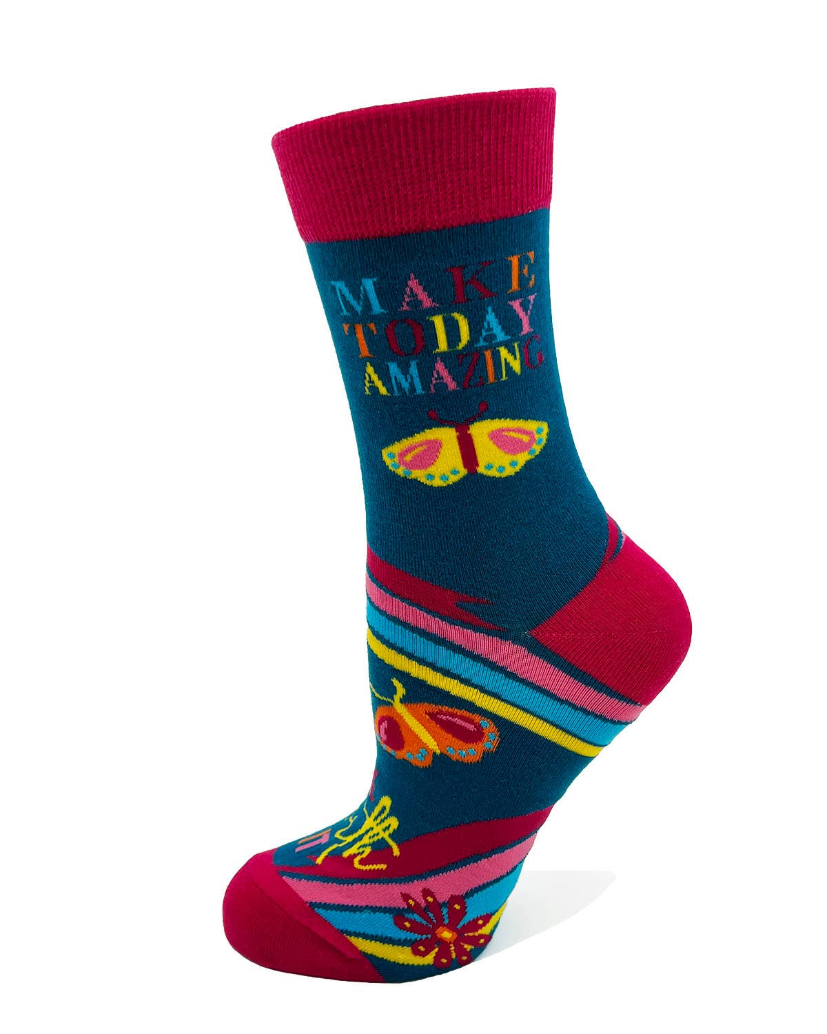 Colorful sock with sunglasses design and 'Make Today Amazing' text on a white background