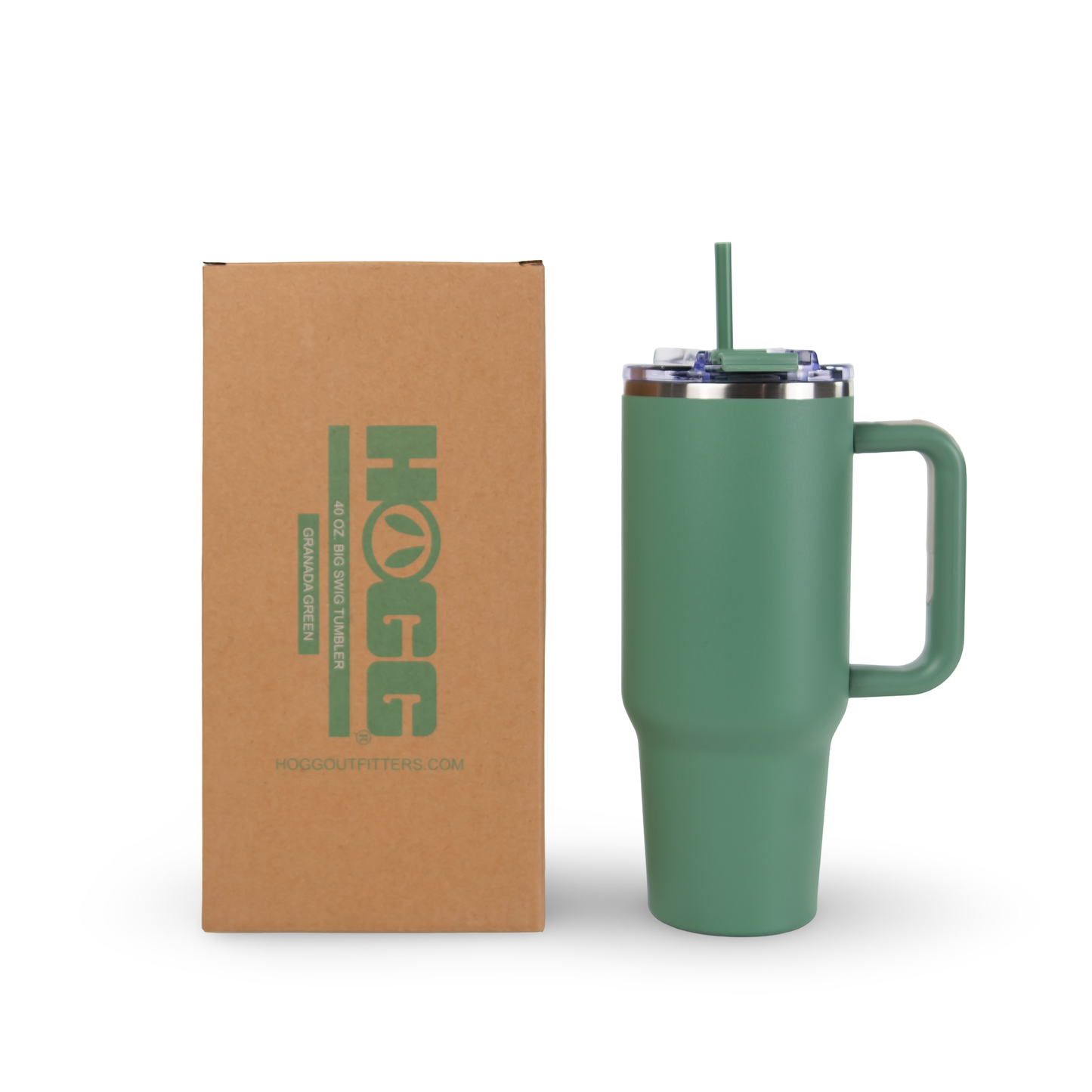 Green travel mug with handle and straw next to a brown box with green text on a white background