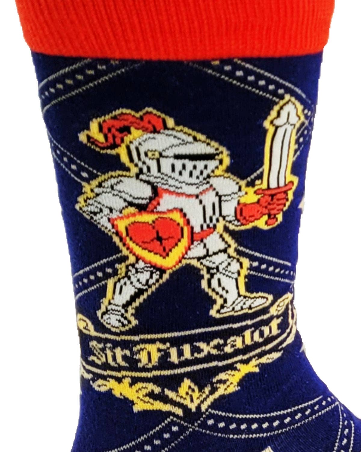 Knights-themed sock with a red background