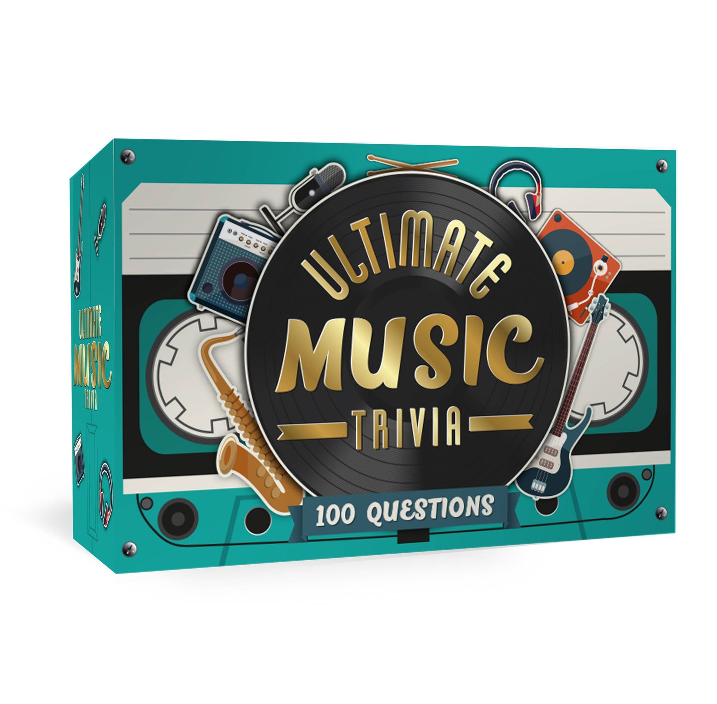 Box for 'Ultimate Music Trivia' with musical instruments and text on a teal background