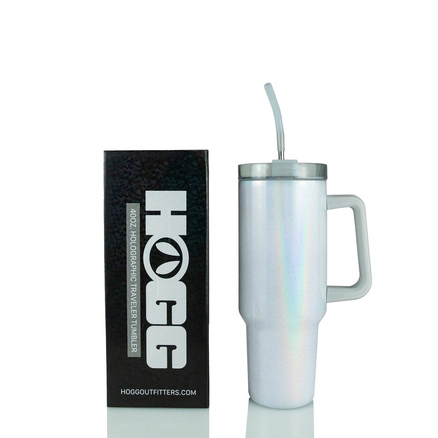 White iridescent tumbler with handle and straw next to a black box with 'HOGG' branding on a white background.