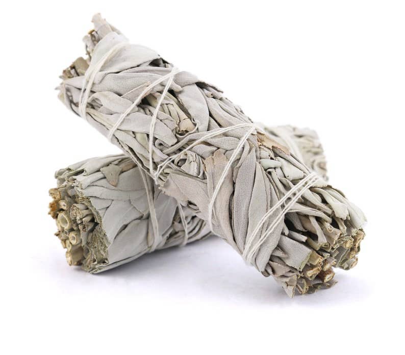 Two bundles of sage wrapped in twine on a white background